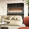 Contemporary Living Room Fireplace Design Featuring Beige Sofa Round Mirror Green Plant And Striped Rug