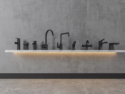 Modern Black Faucets Displayed On Shelf With Strip Light Against Gray Wall 3d model