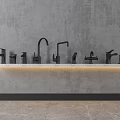 Modern Black Faucets Displayed On Shelf With Strip Light Against Gray Wall