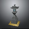 Traditional Stone Lantern Featuring Multi Layer Pedestal And Blue Decoration On Yellow Mat