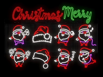 Christmas Merry Neon Lights With Santa Claus Figures Red Green Purple Decor 3d model