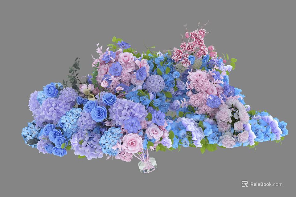 Mixed Hydrangea And Rose Bouquet With Blue Pink Purple Flowers Green Leaves In Clear Vase 3d model 