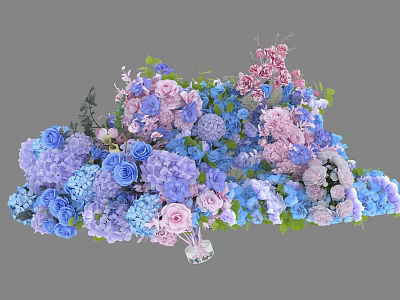 Mixed Hydrangea And Rose Bouquet With Blue Pink Purple Flowers Green Leaves In Clear Vase 3d model