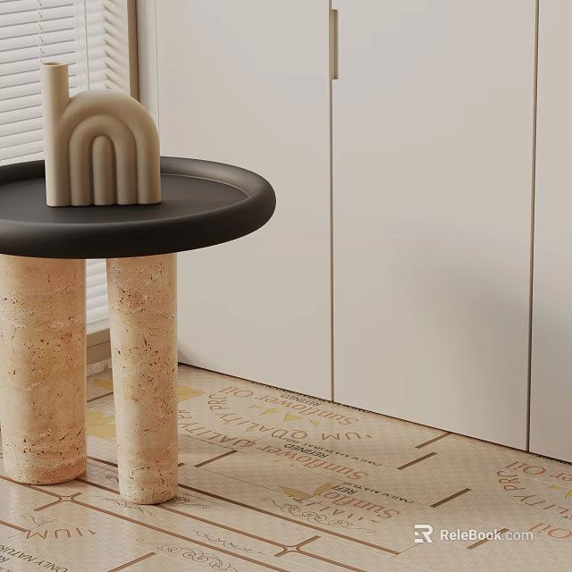 Minimalist Cork Side Table with Black Round Tray Top and Sleek Cylindrical Legs 3d model 