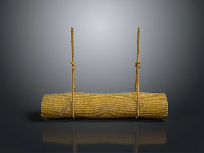 Yellow Woven Cylindrical Household Item With Hanging Ropes And Smooth Surface 3d model
