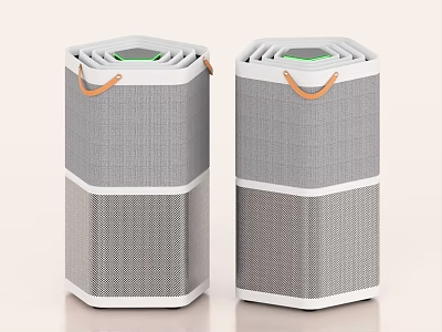 Two Gray Household Air Purifiers With White Trim Green Top And Orange Handles 3d model