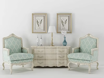 Light Blue Armchairs With White Console Side Cabinet Table Lamp Vase Framed Paintings 3d model