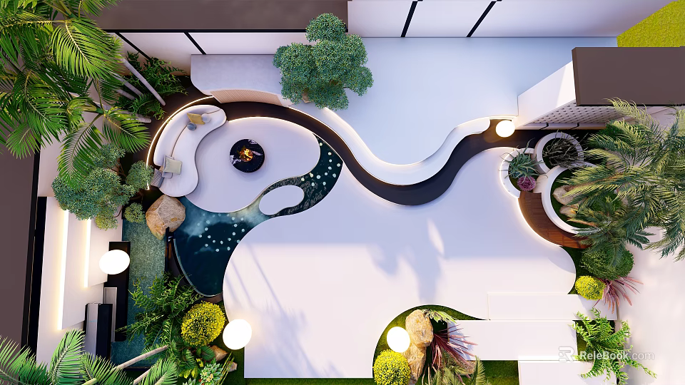 Modern Garden Landscape Design With Curved Pathway Water Feature And Lush Plants 3d model 