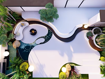 Modern Garden Landscape Design With Curved Pathway Water Feature And Lush Plants 3d model