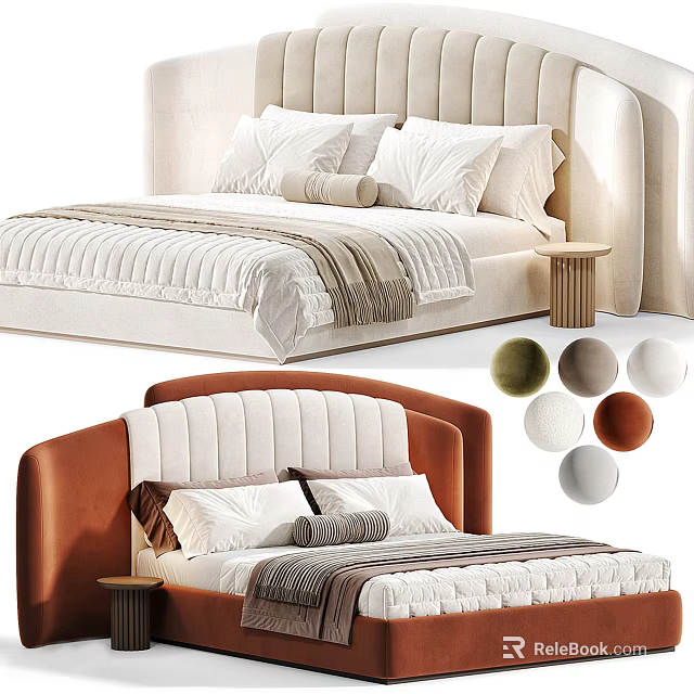 Double Bed Design With Upholstered Headboard Beige Brown Plush Pillows Throw Blankets And Side Table 3d model