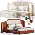 Double Bed Design With Upholstered Headboard Beige Brown Plush Pillows Throw Blankets And Side Table 3d model