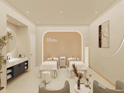Modern SPA Sauna Interior With Massage Beds Mirror Plant Sofa And Decorative Painting 3d model