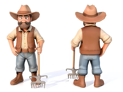Cartoon Game and Movie Character with Cowboy Hat Bearded Holding Rake Vest Shirt Jeans Boots 3d model