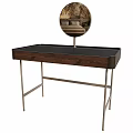 Modern Dressing Table Set With Black Tabletop Wooden Drawers Metal Legs And Round Mirror