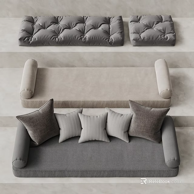 Lazy Sofa With Soft Gray Fabric And Beige Plush Pillows For Comfortable Modern Living Room 3d model 