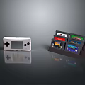 Retro White Handheld Gaming Console With Colorful Game Cartridges In Storage Rack
