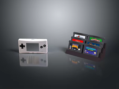 Retro White Handheld Gaming Console With Colorful Game Cartridges In Storage Rack 3d model