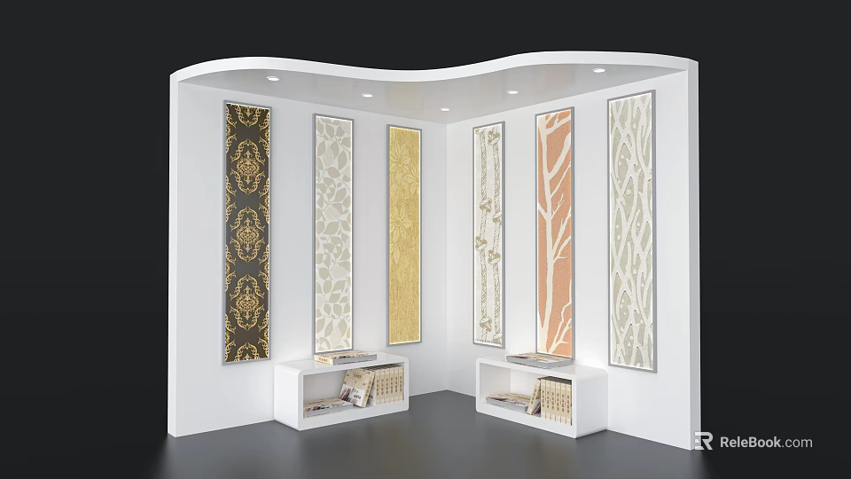 Art Installation Featuring White Curved Display Cabinet Vertical Decorative Panels Gold Beige Tree Branch Design 3d model 