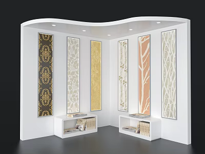 Art Installation Featuring White Curved Display Cabinet Vertical Decorative Panels Gold Beige Tree Branch Design 3d model