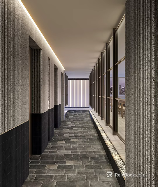 Modern Hotel Corridor With Textured Walls Stone Tile Flooring Recessed Lighting And Glass Partitions 3d model 