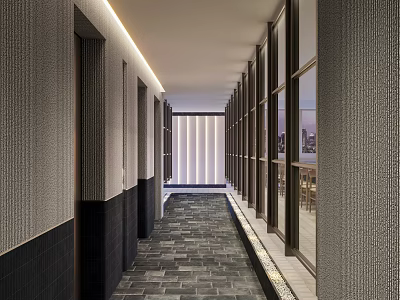 Modern Hotel Corridor With Textured Walls Stone Tile Flooring Recessed Lighting And Glass Partitions 3d model