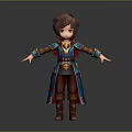 Cartoon Style Game Movie Character With Brown Hair Blue Coat Red Cape And Arms Outstretched