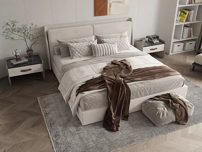 Modern Double Bed With Pillows Brown Blanket Bedside Tables And Green Plant 3d model