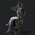 Fantasy Woman Sitting With Ornate Crown And Decorative Harp In Dark Background