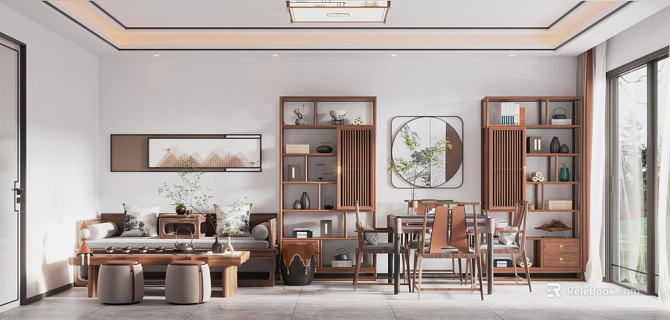 Traditional Tea Room Interior Featuring Wooden Furniture Tea Sets And Decorative Green Plants 3d model 