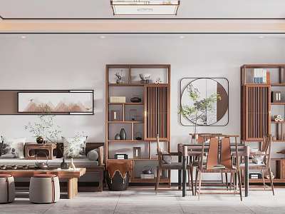 Traditional Tea Room Interior Featuring Wooden Furniture Tea Sets And Decorative Green Plants 3d model