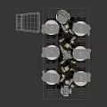 Elegant Dinnerware Set with Gray Napkins White Plates Wine Glasses and Green Plant Decorations