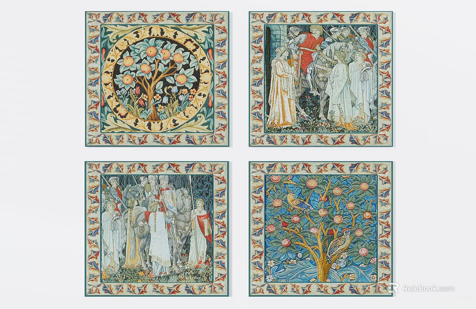 Artistic Square Rugs Featuring Tree and Figure Designs with Ornate Borders 3d model