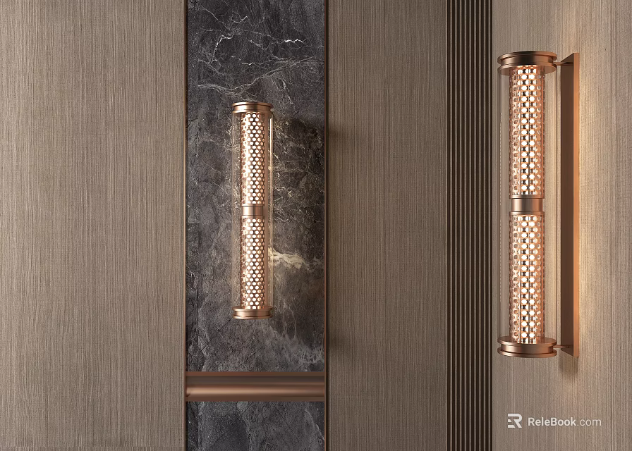 Modern Copper Wall Sconces with Perforated Design Mounted on Stone and Wooden Panel Walls 3d model 