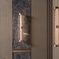 Modern Copper Wall Sconces with Perforated Design Mounted on Stone and Wooden Panel Walls
