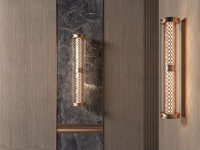 Modern Copper Wall Sconces with Perforated Design Mounted on Stone and Wooden Panel Walls 3d model