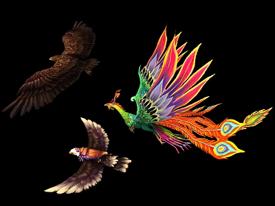 Colorful Flying Animals In Flight Including Eagle Phoenix And Brown Feathered Bird 3d model