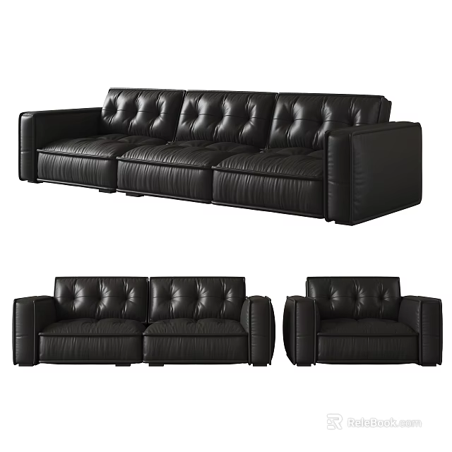 Modern Black Leather Sectional Sofa Set With Tufted Back And Comfortable Seats 3d model