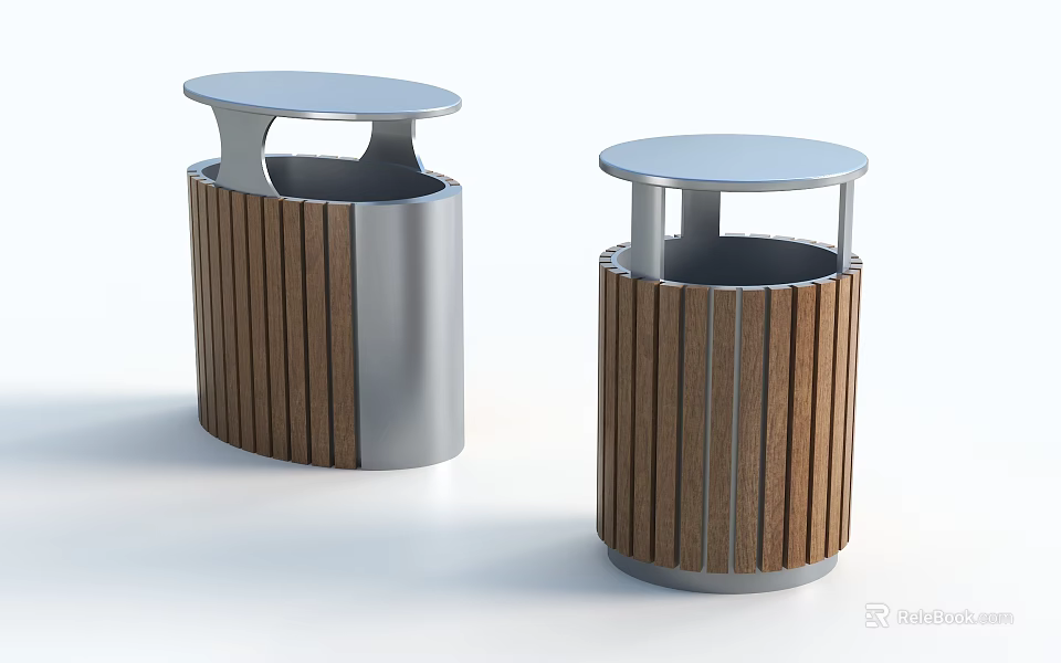Public Facility Trash Bins Featuring Wooden And Metal Construction With Lid Top 3d model 