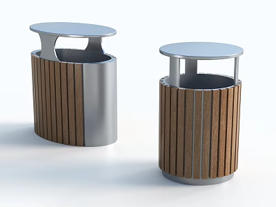 Public Facility Trash Bins Featuring Wooden And Metal Construction With Lid Top 3d model