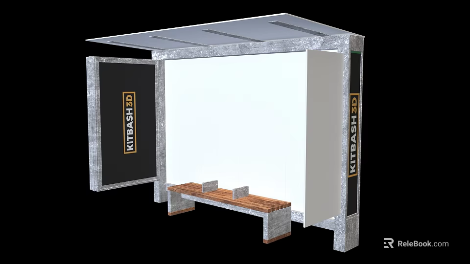 Public Transport Shelter With Covered Roof Wooden Bench And Side Advertising Panels 3d model 
