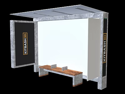 Public Transport Shelter With Covered Roof Wooden Bench And Side Advertising Panels 3d model