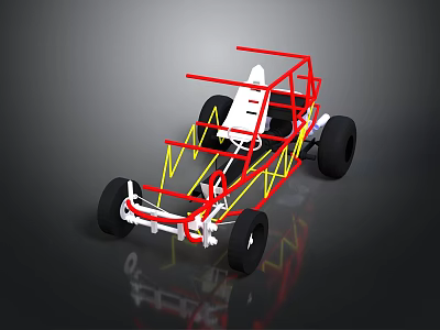 3D Model Race Car Frame With Red Yellow Structure White Seat And Black Wheels 3d model