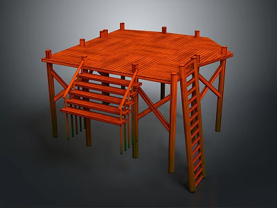 Orange Wooden Construction Platform With Staircase Ladder And Support Beams 3d model