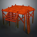 Orange Wooden Construction Platform With Staircase Ladder And Support Beams