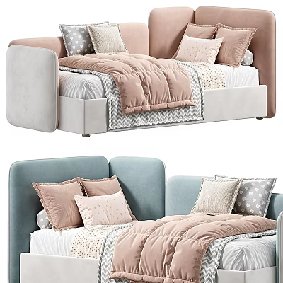 Modern Cozy Kids Bed With Upholstered Headboard Storage Drawers And Pastel Pillows 3d model