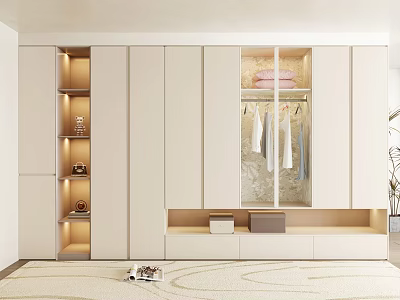 Modern Bedroom Interior Design With Beige Wardrobe Glass Door Lighted Open Shelves Clothing And Drawers 3d model