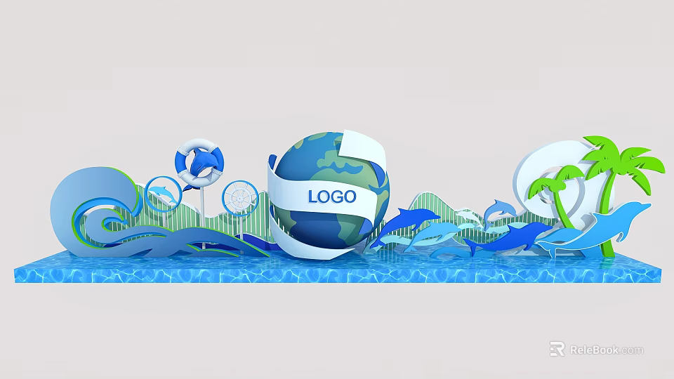 Scenic Photo Check In Spot With Globe Logo Waves Dolphins And Palm Tree Design 3d model 