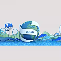 Scenic Photo Check In Spot With Globe Logo Waves Dolphins And Palm Tree Design