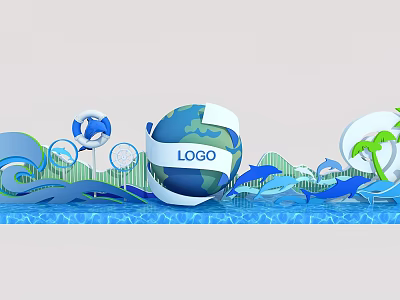 Scenic Photo Check In Spot With Globe Logo Waves Dolphins And Palm Tree Design 3d model