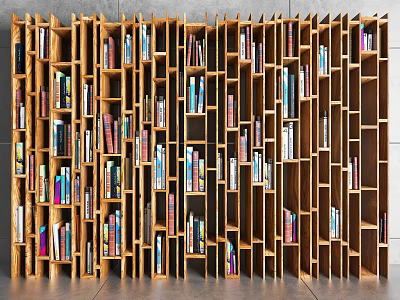 Modern Wooden Bookcase With Multiple Open Compartments Filled With Assorted Books 3d model